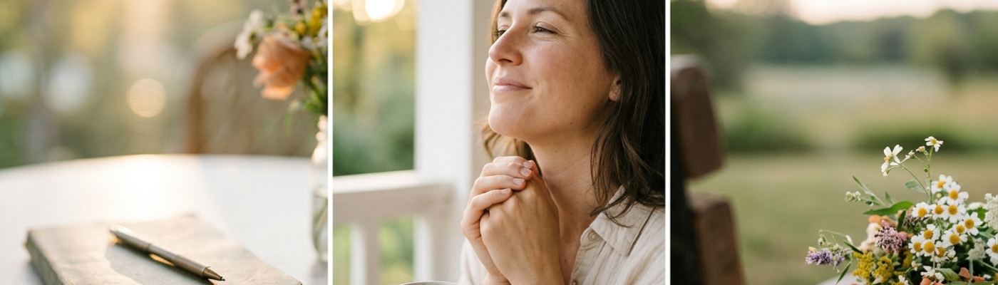Triptych: left shows a notebook and pen on a sunlit table, middle features a woman with hands clasped in prayer, right shows a bouquet of daisies outdoors.